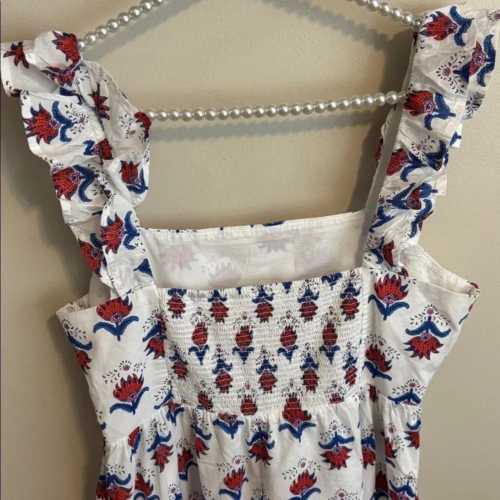 J Crew Factory Square Neck Midi Dress 10 White Red Blue Floral Print Ruffle